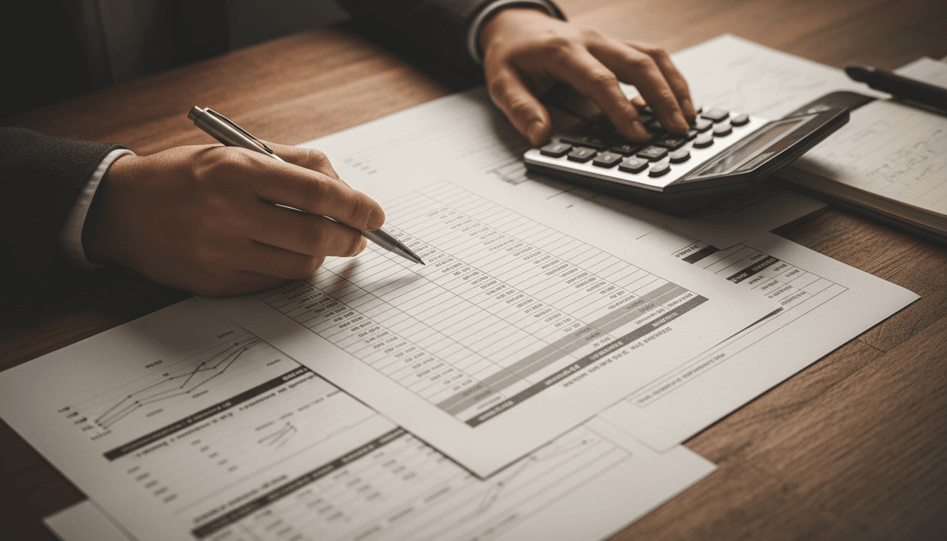 Professional reviewing financial documents and spreadsheets at a wooden desk in natural light