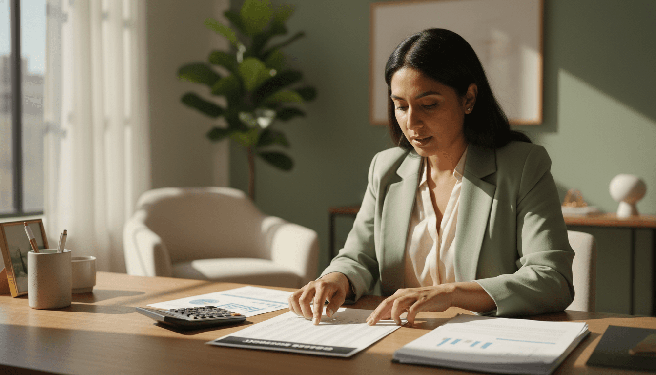 Accountant reviewing financial documents at desk in morning light