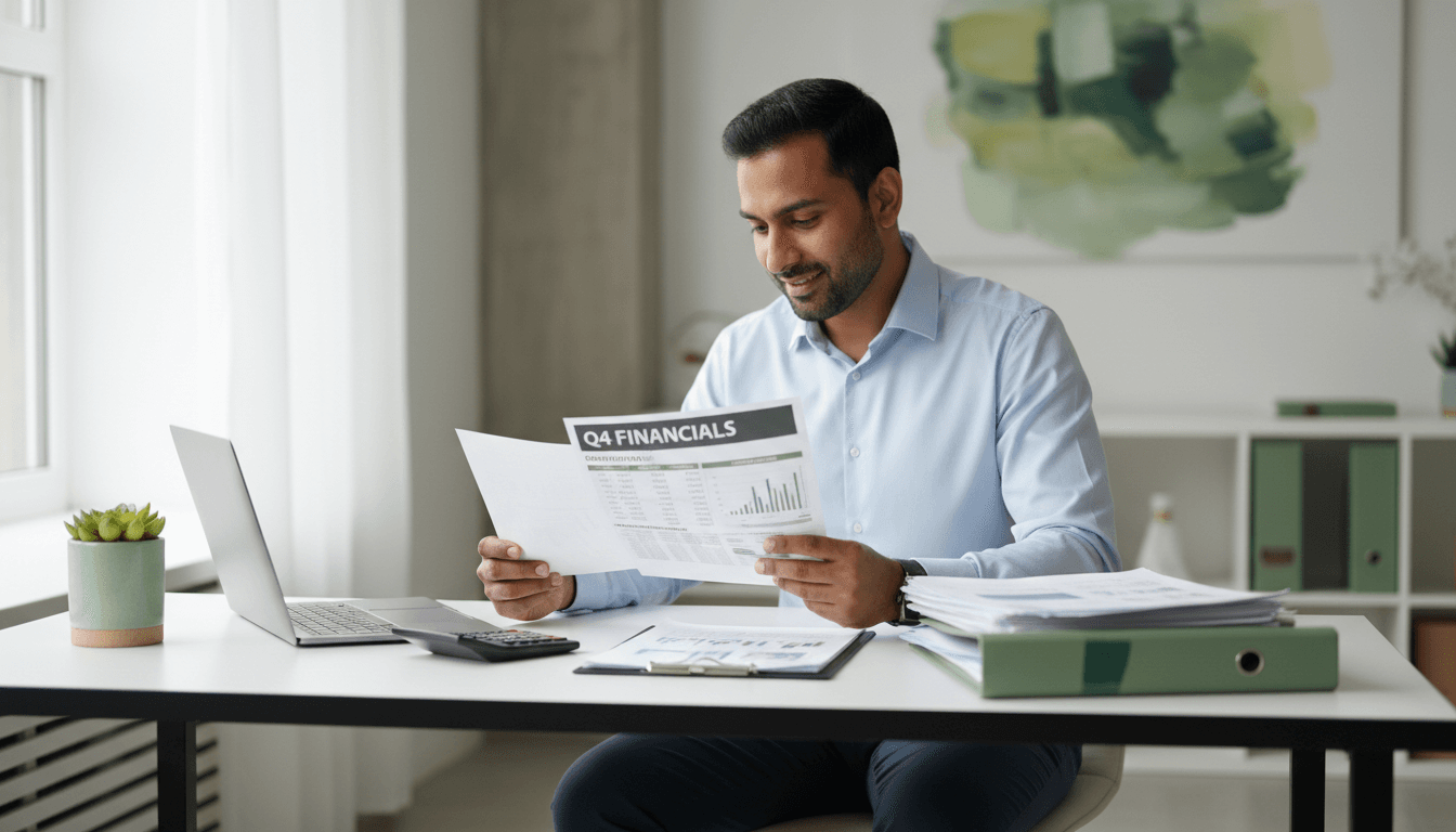 Business owner reviewing financial reports in office