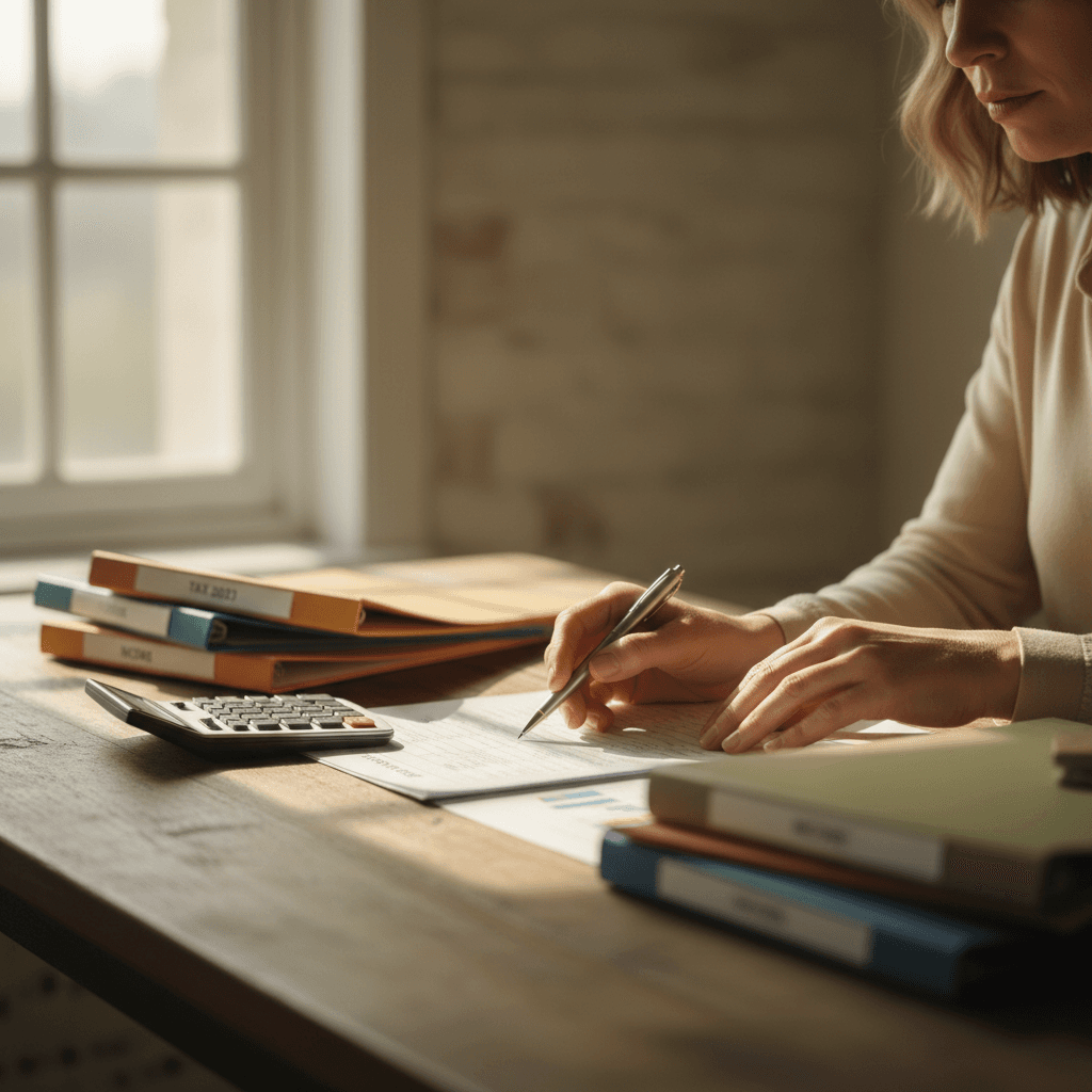 Accountant reviewing detailed financial statements with careful attention to detail