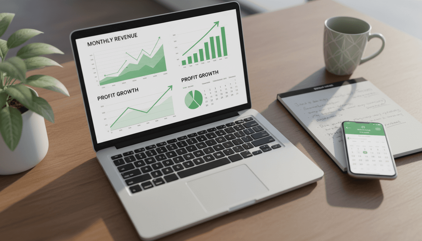 Business owner reviewing financial data on laptop