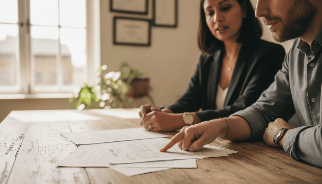 A financial advisor and business owner reviewing accounting documents together at a wooden desk