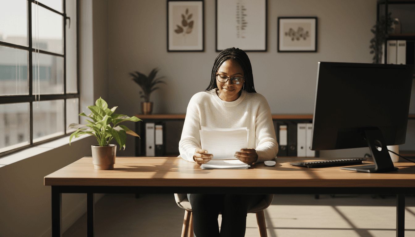 Small business owner reviewing payroll documents at desk in modern Johannesburg office