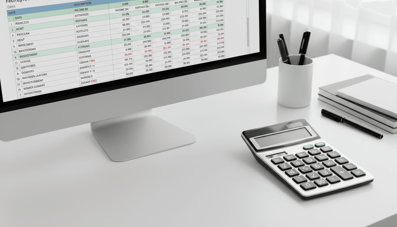 Organized financial records and calculator showing detailed bookkeeping work