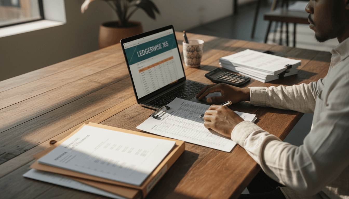 Professional bookkeeper reviewing financial records at desk in Johannesburg office