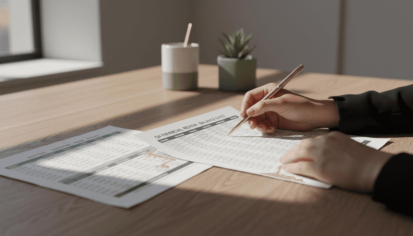 Financial professional reviewing accounting documents on desk