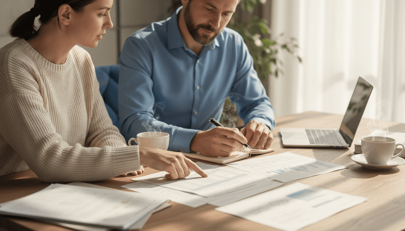 Business owner reviewing financial documents with accountant at wooden desk in bright office