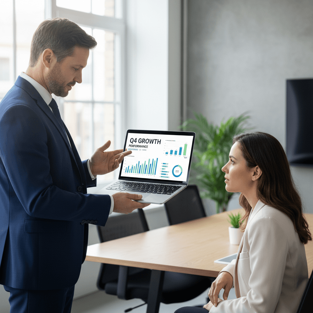 Financial advisor presenting growth strategy analysis on a laptop to a business owner