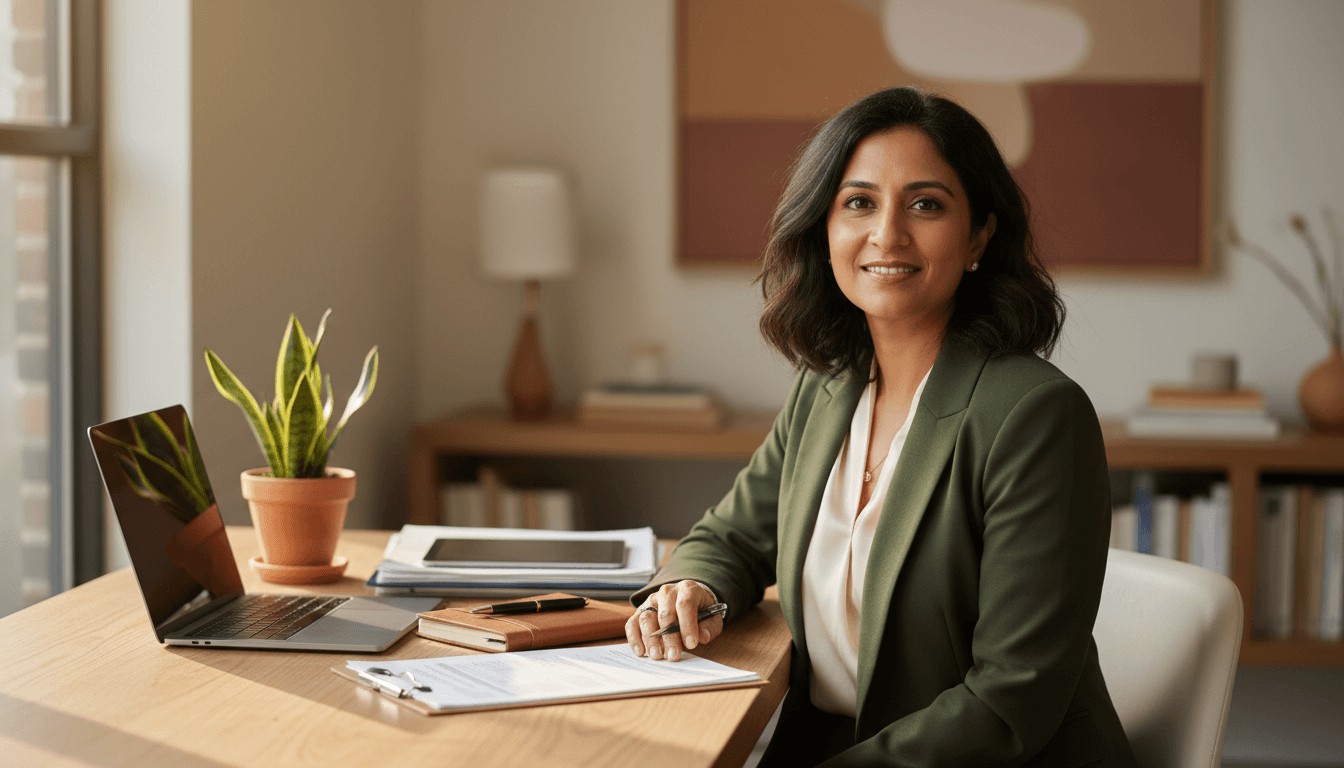 Professional accountant at desk in modern office, ready to help with financial guidance