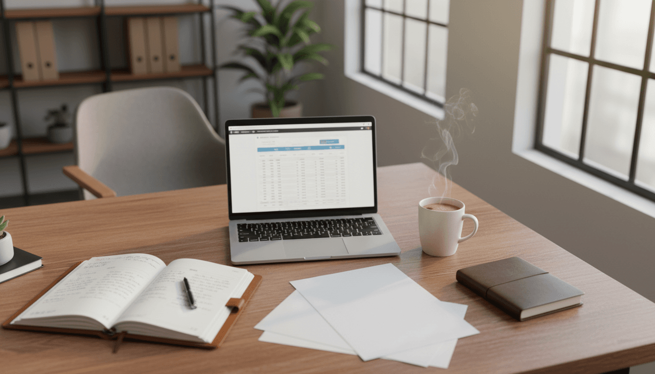 Small business owner reviewing financial documents and accounting software at a desk in a bright Johannesburg office