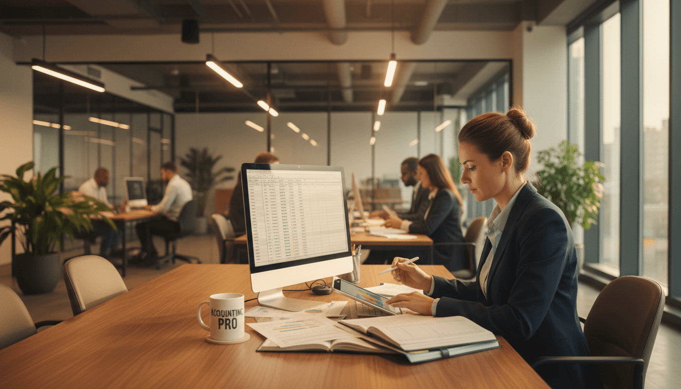 Professional accountant reviewing financial records at desk in modern office