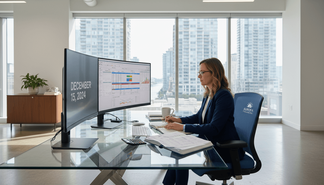 Professional accountant reviewing financial records at desk in bright modern office