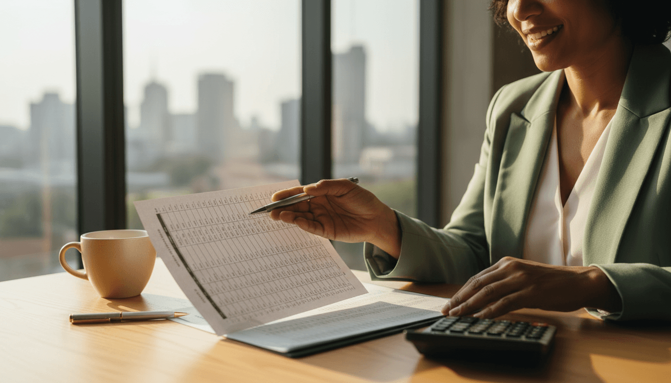 Financial advisor reviewing business documents at desk