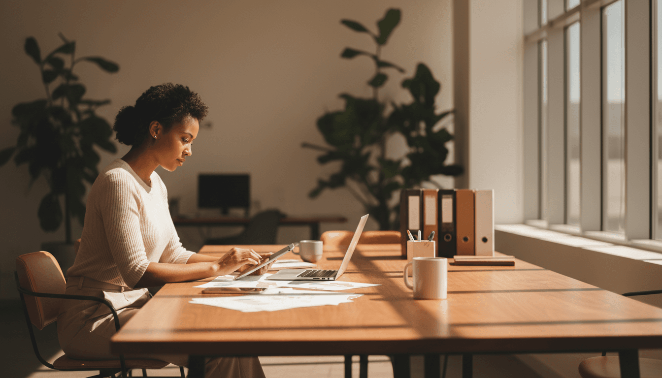Professional woman reviewing financial documents at desk in Johannesburg office