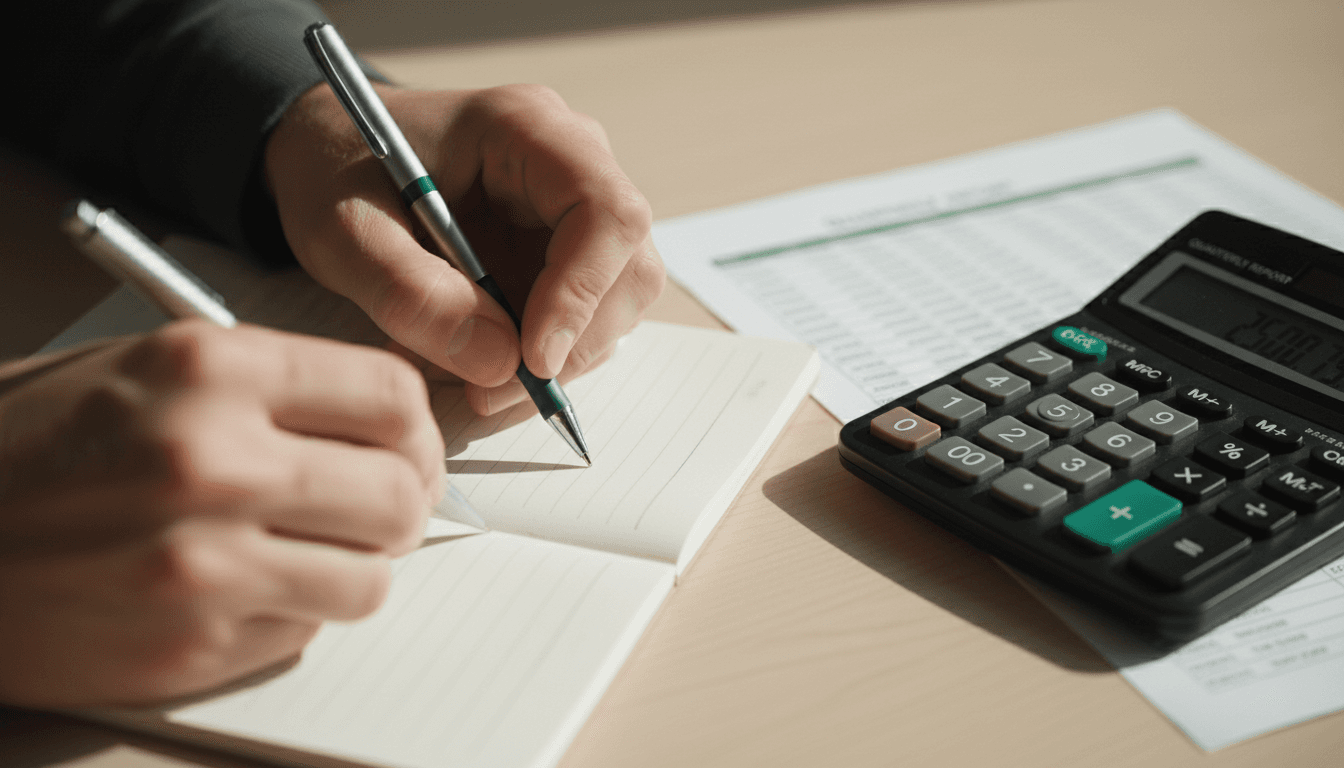 Close-up of hands calculating finances with pen and spreadsheet