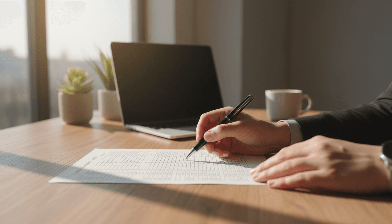 Business owner reviewing financial documents with pen in hand at wooden desk with morning light