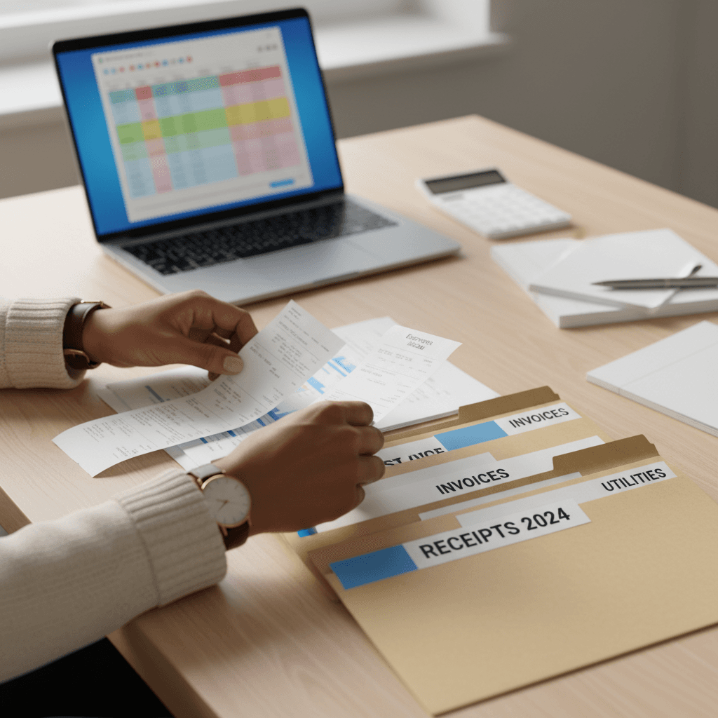 Person's hands carefully organizing financial documents, receipts, and files on a light wood desk with natural window lighting
